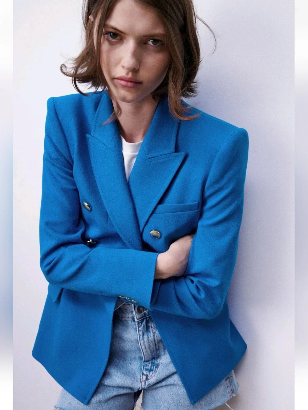 RARE ZARA BLUE DOUBLE BREASTED JACKET BLAZER GOLD BUTTONS
